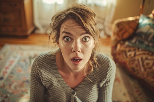 Photo une jeune femme étonnée avec les yeux larges dans un intérieur confortable expressif émotion faciale choquée