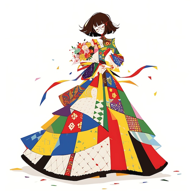 Une jeune femme étrange en robe de patchwork multicolore Sticker de personnage isolé Art d'anime Kawaii mignon