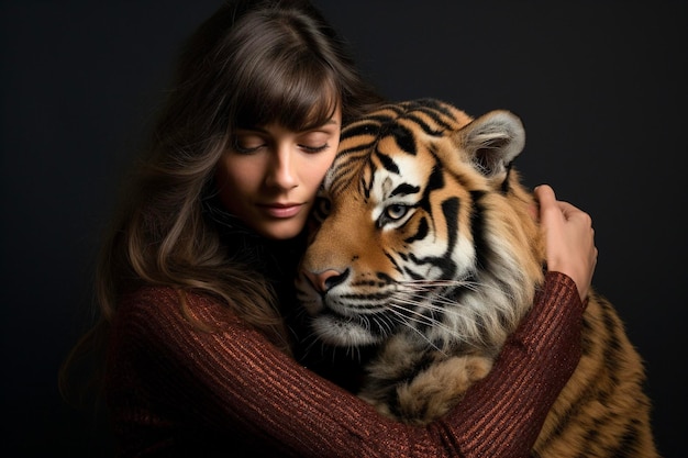 Une jeune femme étreint un tigre Préserver l'animal en voie de disparition Journée mondiale des animaux
