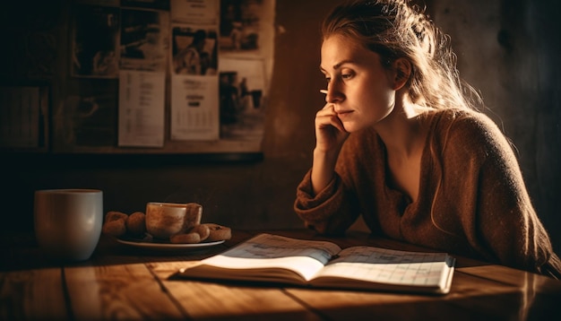 Photo une jeune femme étudiant la littérature en sirotant un café entourée de livres générés par l'ia