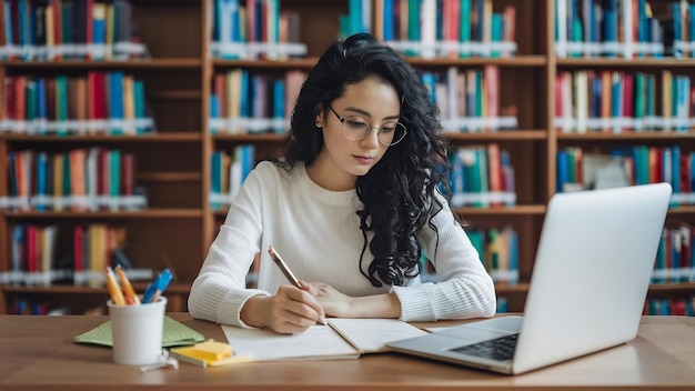 Une jeune femme étudie à la bibliothèque.