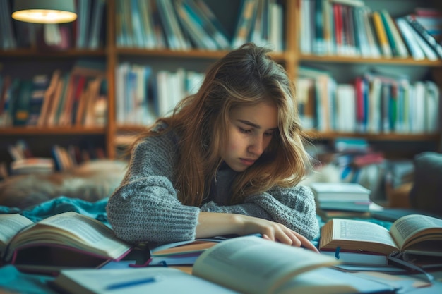 Une jeune femme étudie dur dans une bibliothèque entourée de livres.