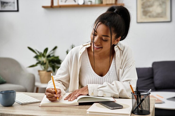 Photo une jeune femme étudie à la maison en souriant et en prenant des notes à son bureau confortable.