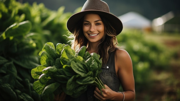 Une jeune femme eurasienne souriante tenant une betterave fraîchement récoltée dans un jardin biologique cultivé à la maison