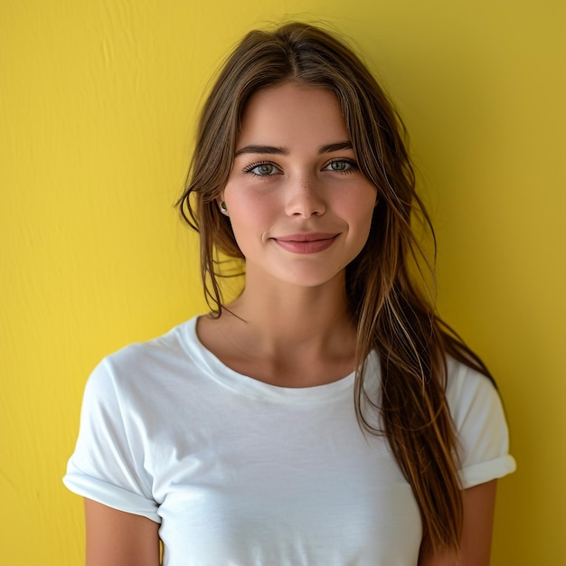 Photo jeune femme européenne debout avec les mains dans les poches portant un t-shirt blanc vierge avec espace de copie pour votre logo ou texte fond jaune