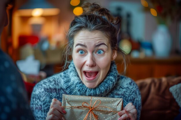 Photo une jeune femme excitée et étonnée reçoit un cadeau à la maison pendant les fêtes