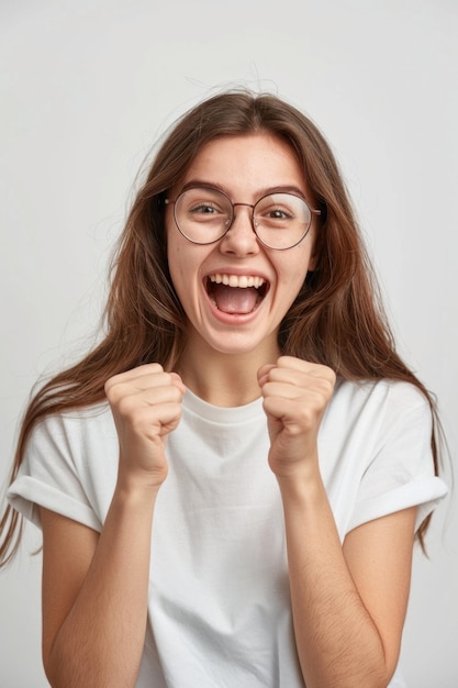 Une jeune femme excitée avec des lunettes applaudissant et souriante isolée sur un fond blanc