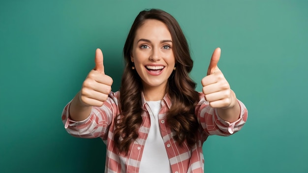 Photo une jeune femme excitée montrant son plein soutien lève le pouce et sourit en signe d'approbation dit oui d'accord ou approuve