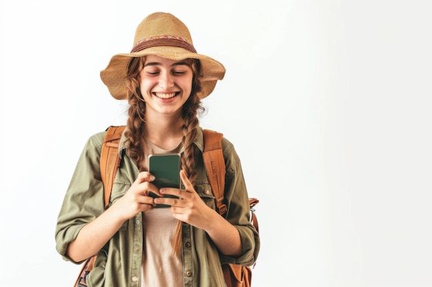 Une jeune femme excitée avec un smartphone prête à se lancer dans un voyage sur un fond blanc