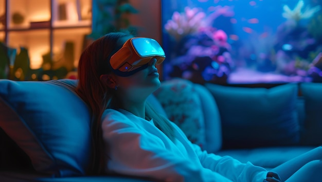Une jeune femme expérimentant la réalité virtuelle à la maison assise calmement dans une ambiance lumineuse futuriste activités technologiques de loisirs IA