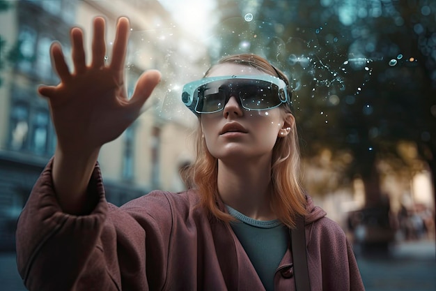 Une jeune femme expérimentée interagit avec la réalité augmentée en plein air