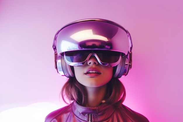 Photo jeune femme d'exploration de réalité virtuelle immergée dans l'expérience vr