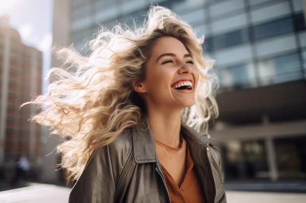 jeune femme expression heureuse à l'extérieur dans une ville générée par ai