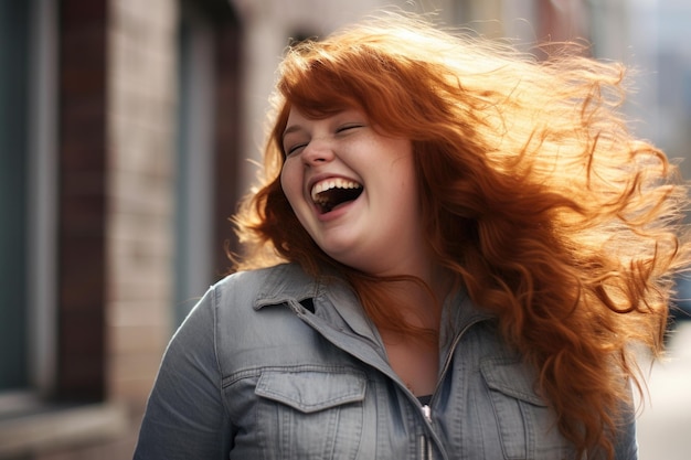 jeune femme expression heureuse à l'extérieur dans une ville générée par ai