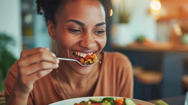 Photo une jeune femme avec une expression joyeuse appréciant un repas