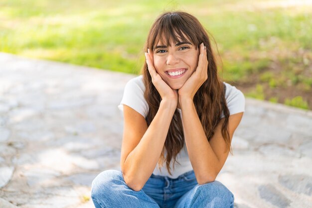 Jeune femme à l'extérieur avec une expression heureuse