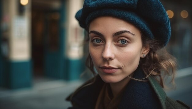 Jeune femme à l'extérieur sourire confiant élégance hivernale générée par l'IA