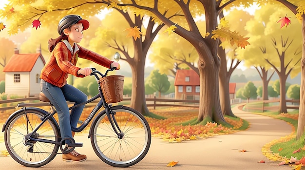 Jeune femme faire du vélo au paysage rural d'automne
