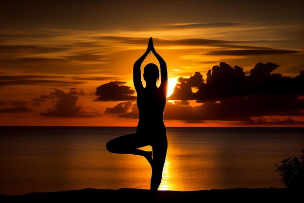 Jeune femme faisant du yoga au sommet d'une montagne au coucher du soleil ai générative