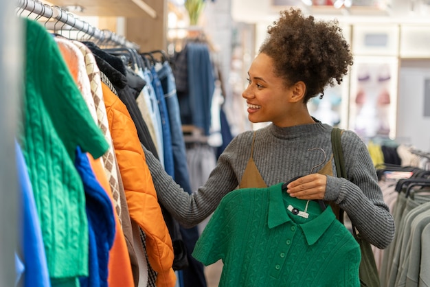 Jeune femme faisant des emplettes pour des vêtements