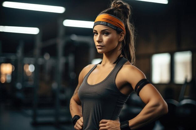 une jeune femme faisant une routine d'épaule au gymnase avec un bandeau sur la tête