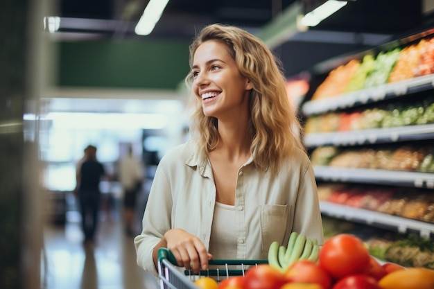 Jeune femme faisant ses courses dans un supermarché