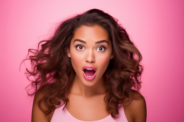 Une jeune femme fait une drôle de grimace sur un fond rose.