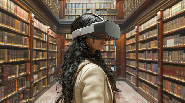 Une jeune femme fait l'expérience de la réalité virtuelle dans une bibliothèque classique avec des rangées de livres immersifs