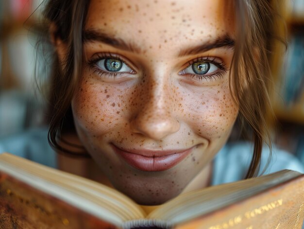 Une jeune femme fascinante avec des taches de rousseur qui lit un livre