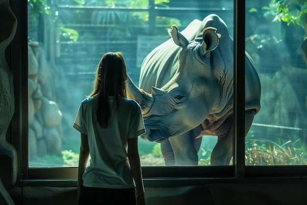 Une jeune femme fascinée par le majestueux rhinocéros au zoo Une rencontre intime avec la faune derrière