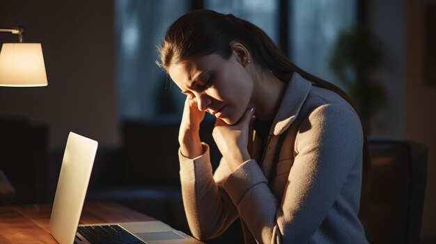 Photo une jeune femme fatiguée assise à table devant un ordinateur portable