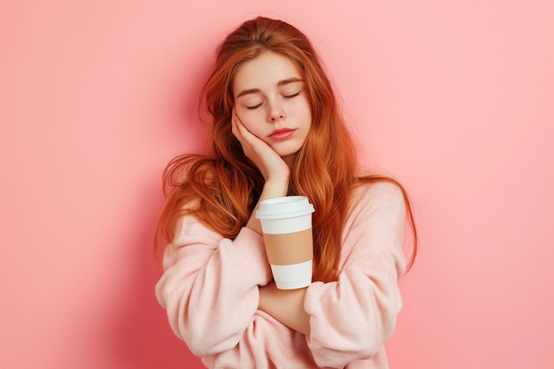 Jeune femme fatiguée et endormie avec du café étudiante épuisée et endormi tenant une tasse de café à emporter sur le fond du studio avec un espace de copie besoin de plus de café pour s'endormir je déteste le concept du lundi