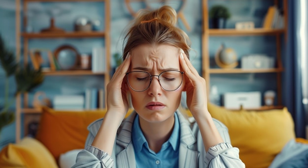 Photo jeune femme fatiguée avec des maux de tête stress fatigue tempes douleur souffre de migraines à la maison