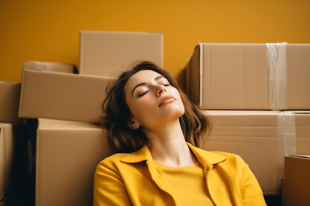 Une jeune femme fatiguée s'allonge sur des cartons remplis d'objets dans sa nouvelle maison après avoir emménagé Déballage des cartons après avoir emménagé dans un nouvel appartement Nouveaux propriétaires Hypothèque Location de propriété