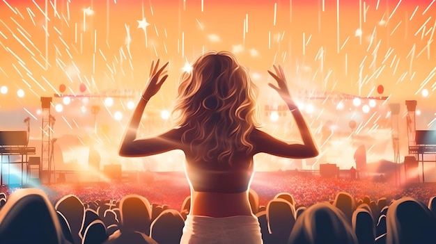 Jeune femme à un festival de musique d'été Amusement joyeux Représentation sur scène avec lumières et foule
