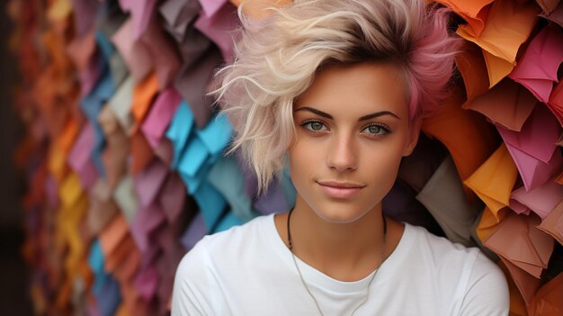 jeune femme avec des feuilles de papier colorées