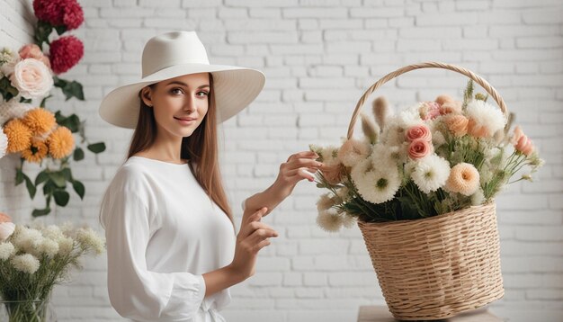 Photo une jeune femme fleuriste en vêtements blancs et un chapeau de paille se tient avec un panier