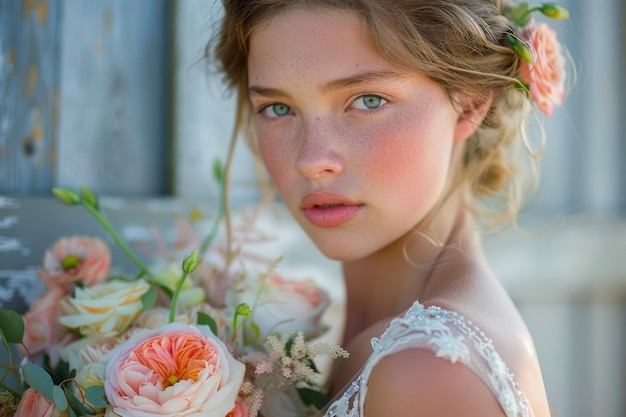 Jeune femme avec des fleurs dans un décor extérieur élégant Portrait féminin romantique Beauté éthérée