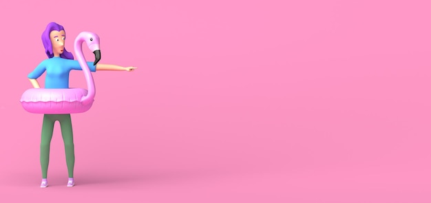 Jeune femme avec un flotteur flamant rose pointant du doigt Concept d'été Illustration 3D de l'espace de copie