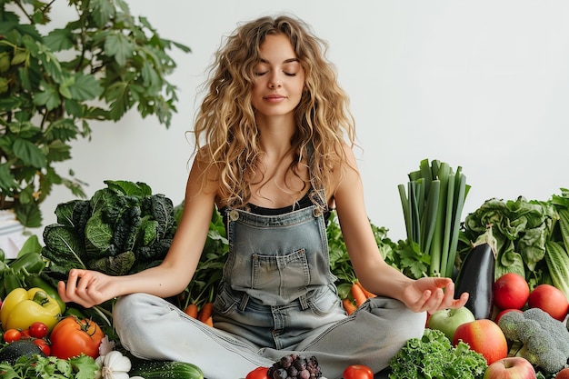 Une jeune femme sur un fond blanc entourée de fruits et de légumes dans la posture du lotus problèmes de santé et d'espace IA générative