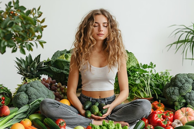 Une jeune femme sur un fond blanc entourée de fruits et de légumes dans la posture du lotus problèmes de santé et d'espace IA générative