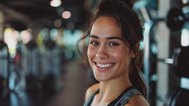 Une jeune femme en forme et en bonne santé souriant à la salle de sport.