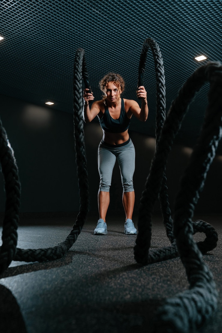 Photo une jeune femme en forme est engagée dans une salle d'entraînement fonctionnelle effectuant des exercices de crossfit avec combat ro ...
