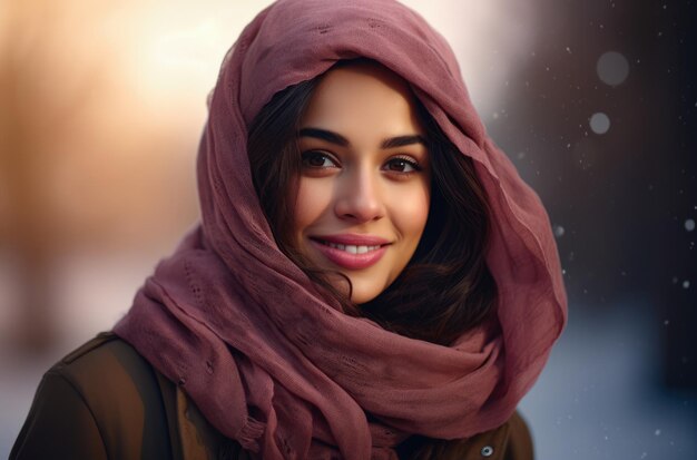 Jeune femme avec un foulard dans une scène hivernale