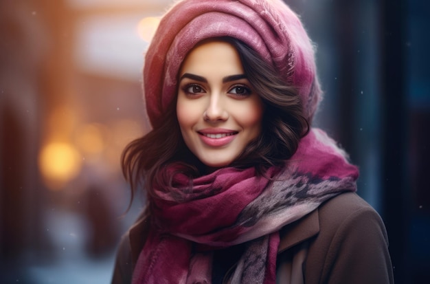 Jeune femme avec un foulard dans une scène hivernale