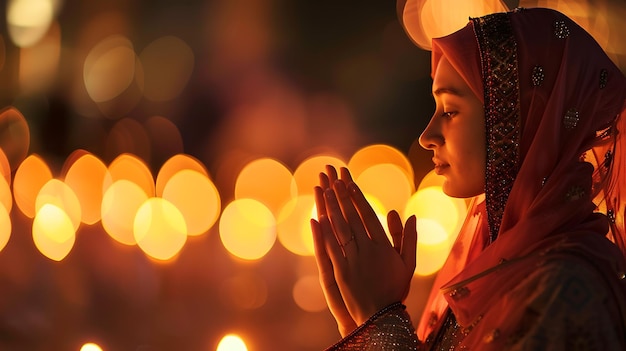 Photo une jeune femme avec un foulard prie avec les mains jointes elle se tient devant un fond flou de lumières