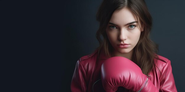 Jeune femme fragile et faible avec des gants de boxe roses Large espace de copie de bannière IA générative