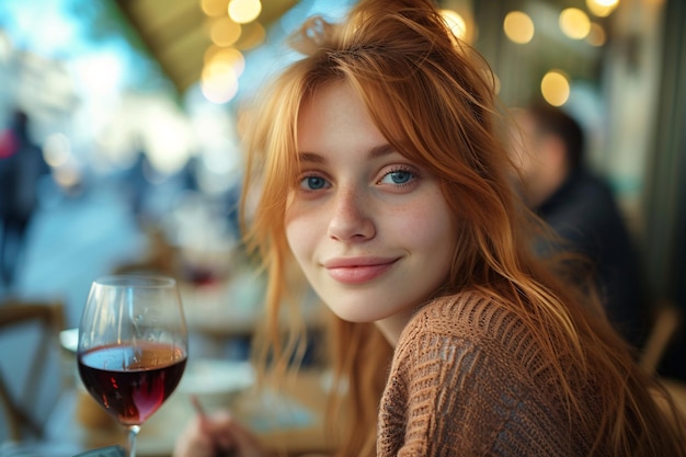 Une jeune femme française déguste un verre de vin rouge dans un bistro sur le trottoir en France.