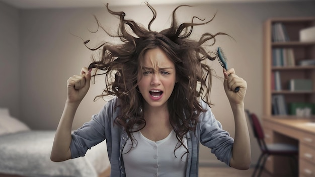 Une jeune femme frustrée avec de mauvais cheveux.