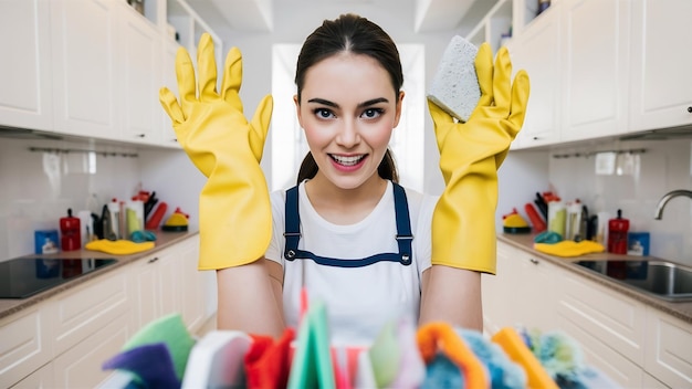 Une jeune femme avec des gants en caoutchouc prête à nettoyer